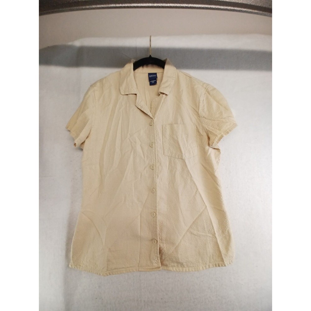 Basic Editions Shirt Women's Tan Small Short Sleeve Button- Down Cotton Blend